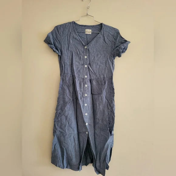 OffOn Linen Dress With Buttons In Denim Chambray Blue Small - Picture 2 of 5
